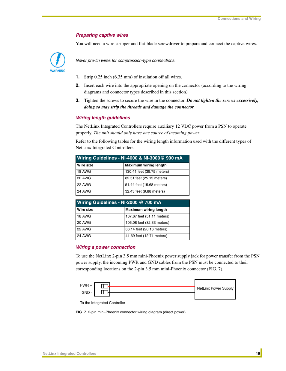 Preparing captive wires, Wiring length guidelines, Wiring a power connection | AMX NetLinx Integrated Controllers NI-3000 User Manual | Page 25 / 134