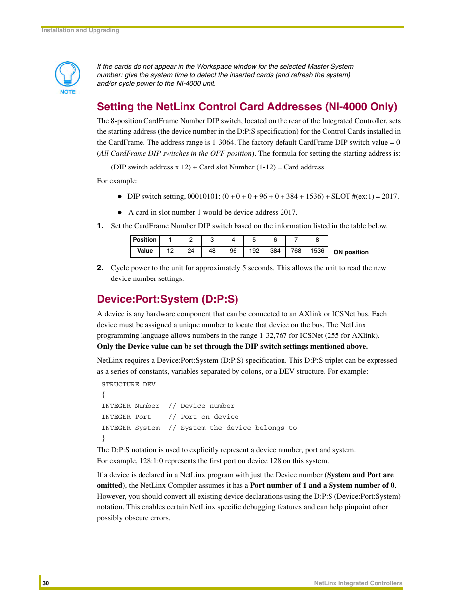 Device:port:system (d:p:s), Setting the netlinx control card addresses (ni, Device:port:system (d:p:s) section | AMX NetLinx Integrated Controllers NI-3000 User Manual | Page 36 / 134