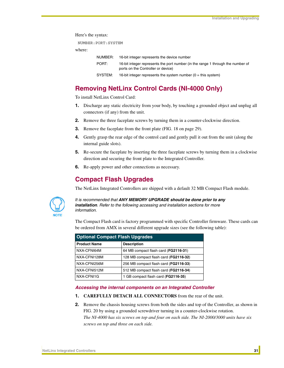 Removing netlinx control cards (ni-4000 only), Compact flash upgrades | AMX NetLinx Integrated Controllers NI-3000 User Manual | Page 37 / 134