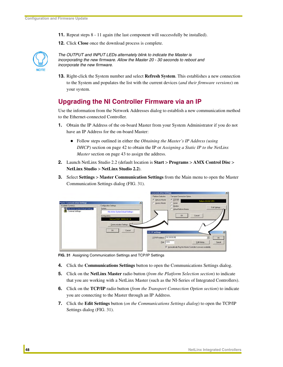 Upgrading the ni controller firmware via an ip | AMX NetLinx Integrated Controllers NI-3000 User Manual | Page 54 / 134
