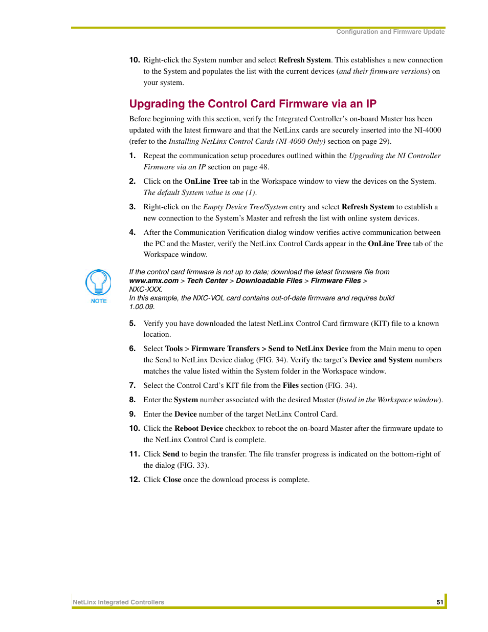 Upgrading the control card firmware via an ip | AMX NetLinx Integrated Controllers NI-3000 User Manual | Page 57 / 134