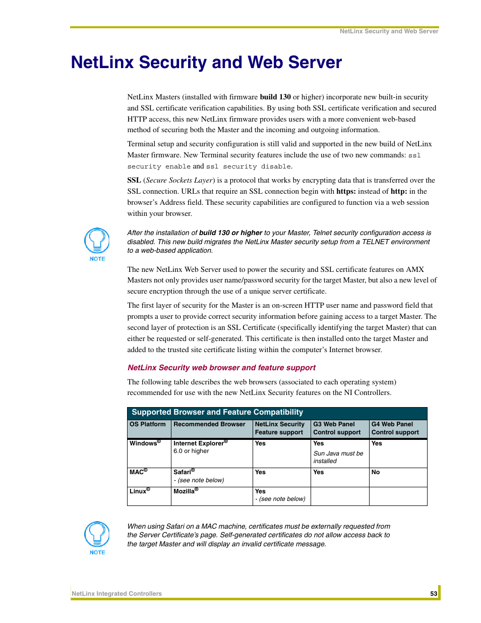 Netlinx security and web server, Netlinx security web browser and feature support, Netlinx security and web | AMX NetLinx Integrated Controllers NI-3000 User Manual | Page 59 / 134