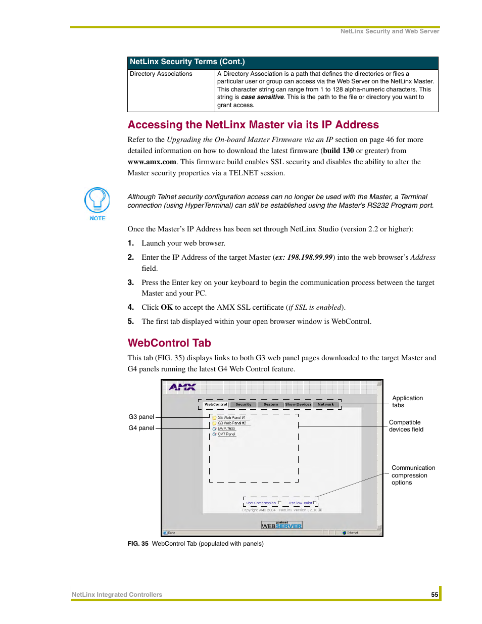 Accessing the netlinx master via its ip address, Webcontrol tab | AMX NetLinx Integrated Controllers NI-3000 User Manual | Page 61 / 134