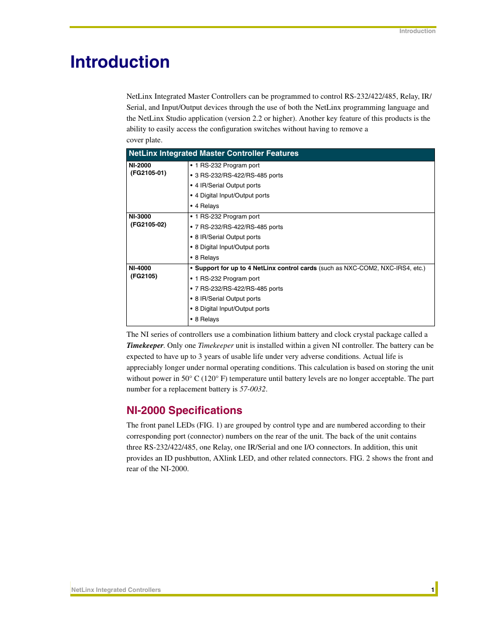 Introduction, Ni-2000 specifications | AMX NetLinx Integrated Controllers NI-3000 User Manual | Page 7 / 134