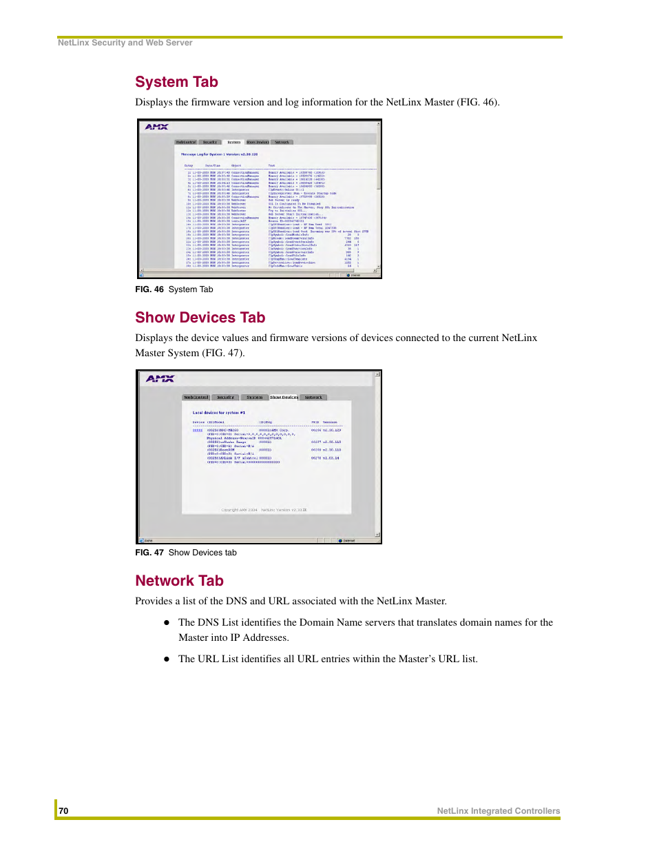 System tab, Show devices tab, Network tab | AMX NetLinx Integrated Controllers NI-3000 User Manual | Page 76 / 134