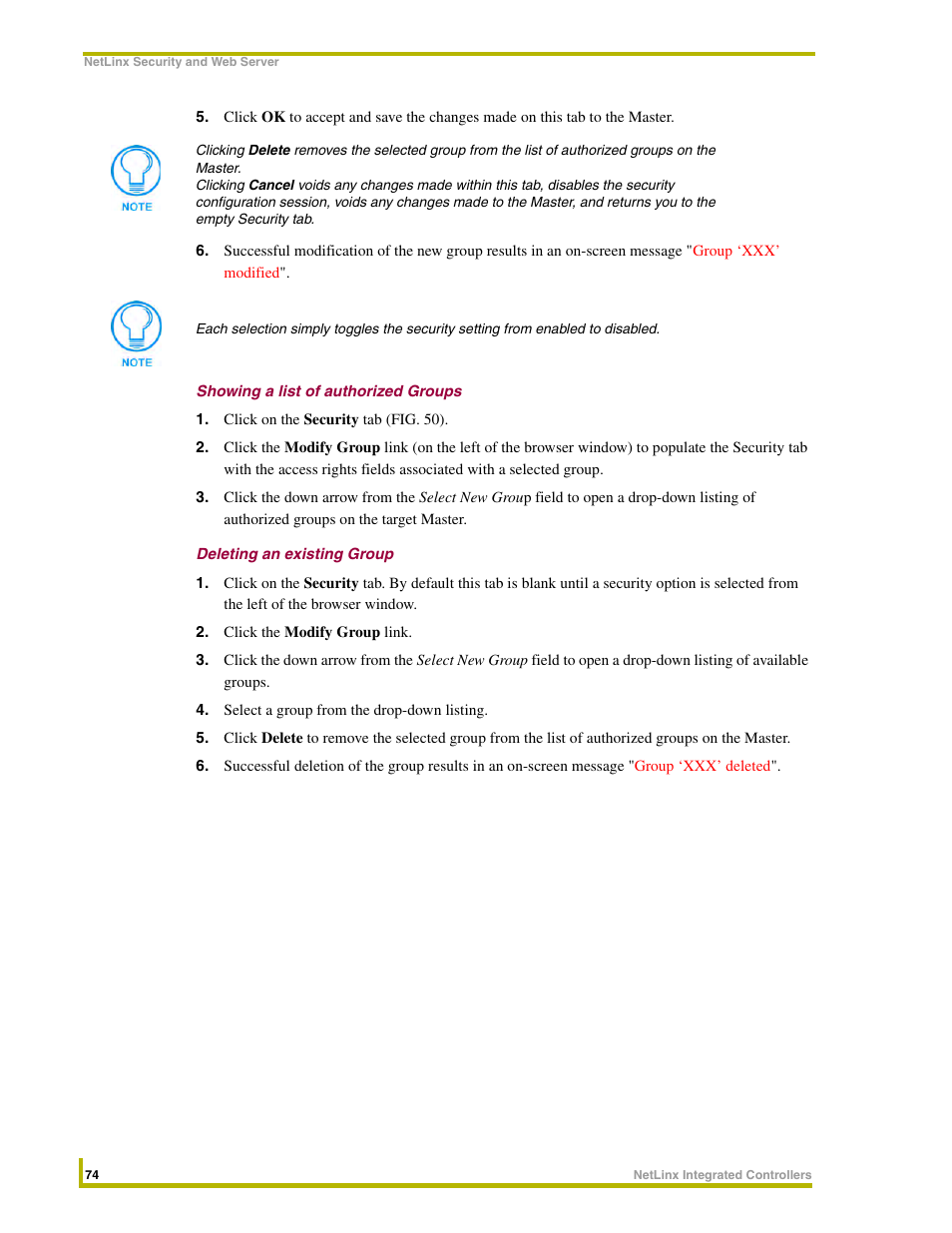 Showing a list of authorized groups, Deleting an existing group | AMX NetLinx Integrated Controllers NI-3000 User Manual | Page 80 / 134