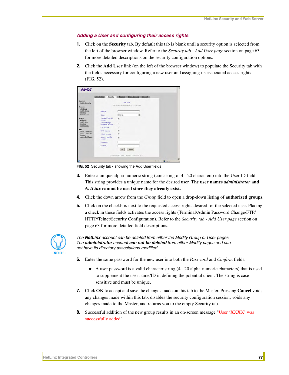 Adding a user and configuring their access rights | AMX NetLinx Integrated Controllers NI-3000 User Manual | Page 83 / 134