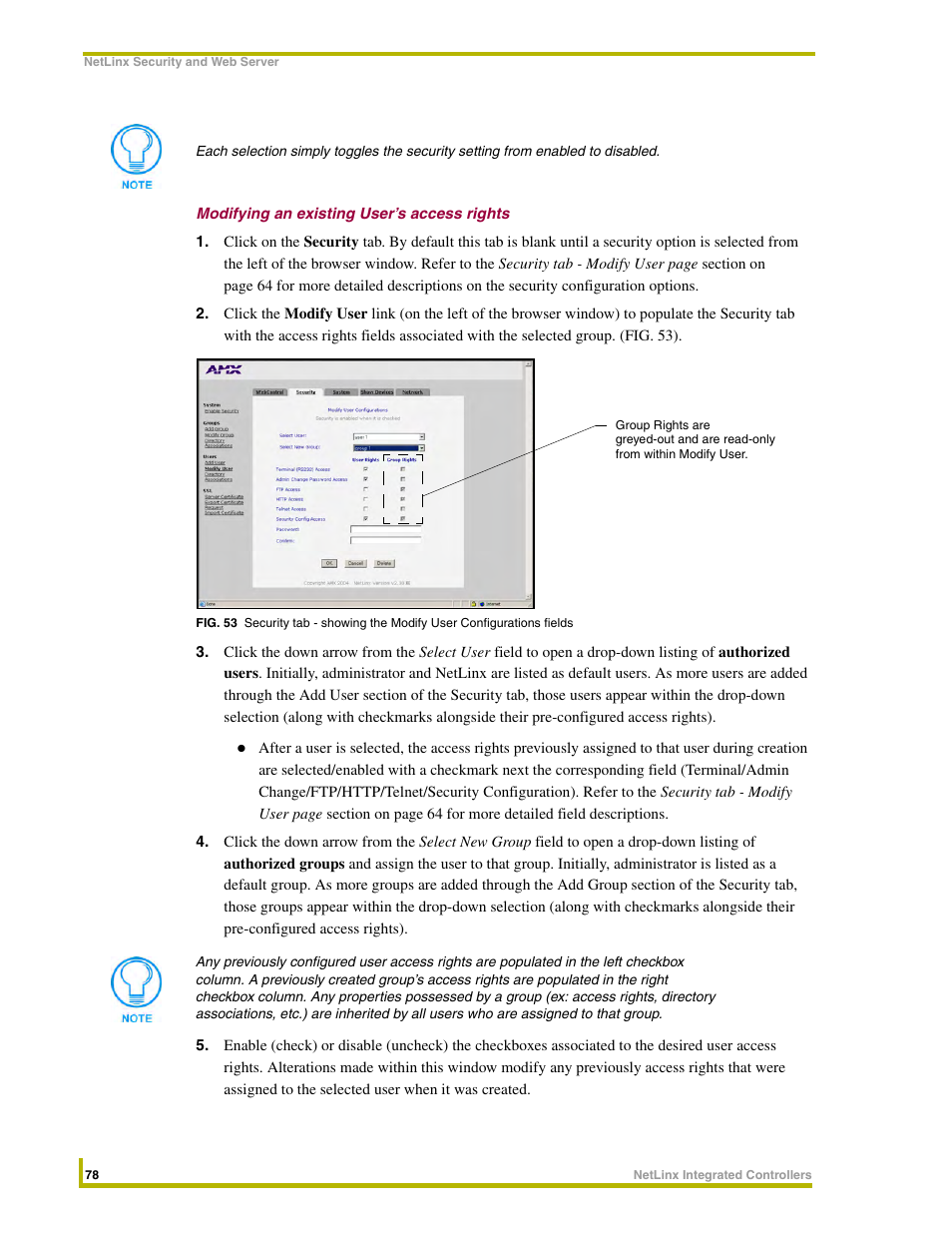 Modifying an existing user’s access rights | AMX NetLinx Integrated Controllers NI-3000 User Manual | Page 84 / 134