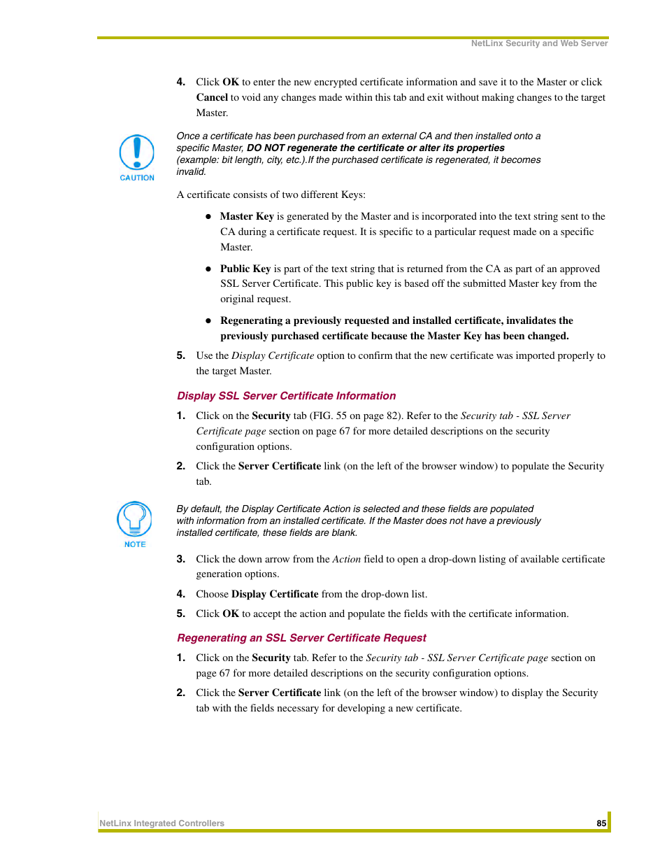 Display ssl server certificate information, Regenerating an ssl server certificate request | AMX NetLinx Integrated Controllers NI-3000 User Manual | Page 91 / 134