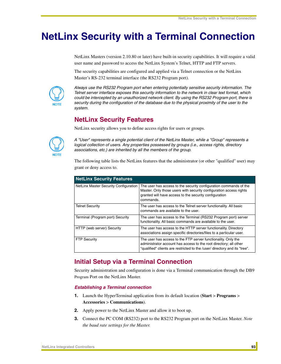 Netlinx security with a terminal connection, Netlinx security features, Initial setup via a terminal connection | Establishing a terminal connection | AMX NetLinx Integrated Controllers NI-3000 User Manual | Page 99 / 134