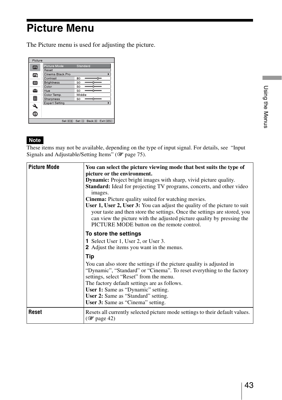 Picture menu | Sony VPL-HW15 User Manual | Page 43 / 84