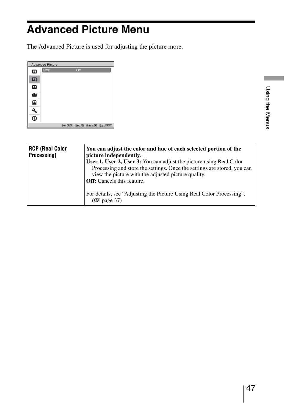 Advanced picture menu | Sony VPL-HW15 User Manual | Page 47 / 84