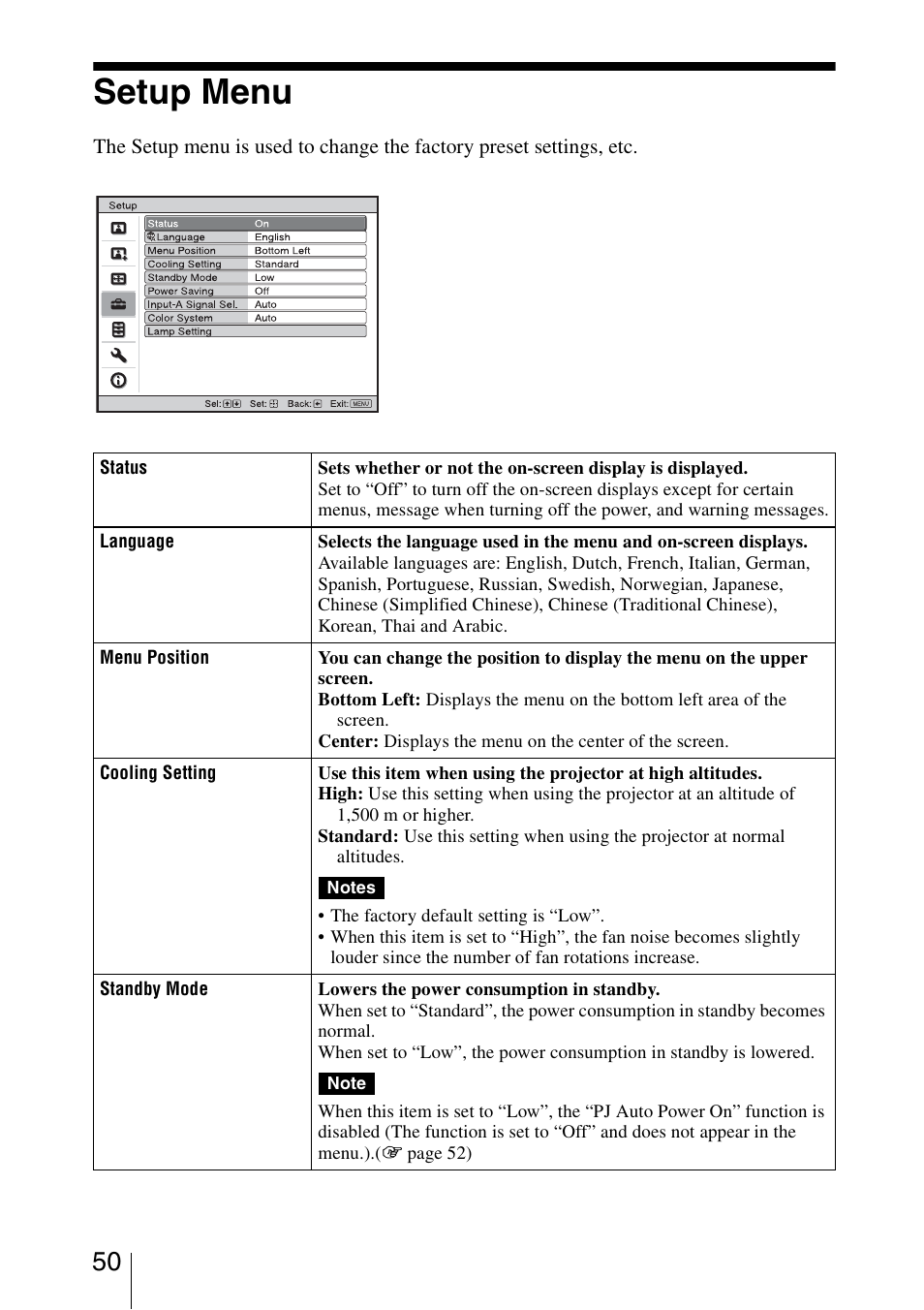 Setup menu | Sony VPL-HW15 User Manual | Page 50 / 84