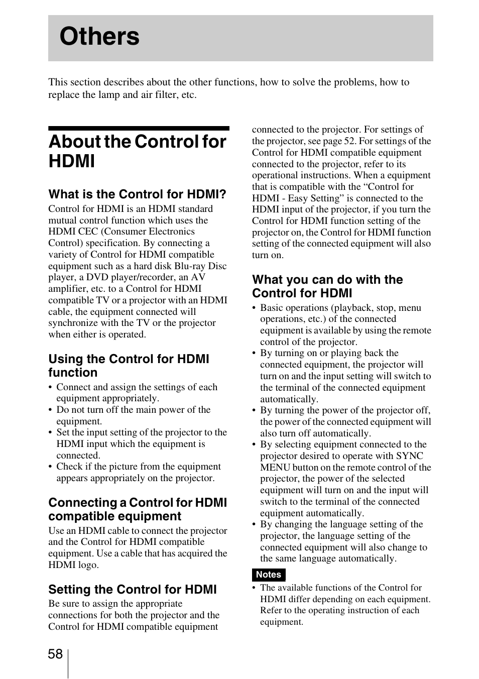 Others, About the control for hdmi | Sony VPL-HW15 User Manual | Page 58 / 84