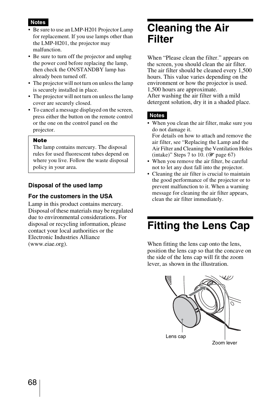 Cleaning the air filter, Fitting the lens cap | Sony VPL-HW15 User Manual | Page 68 / 84