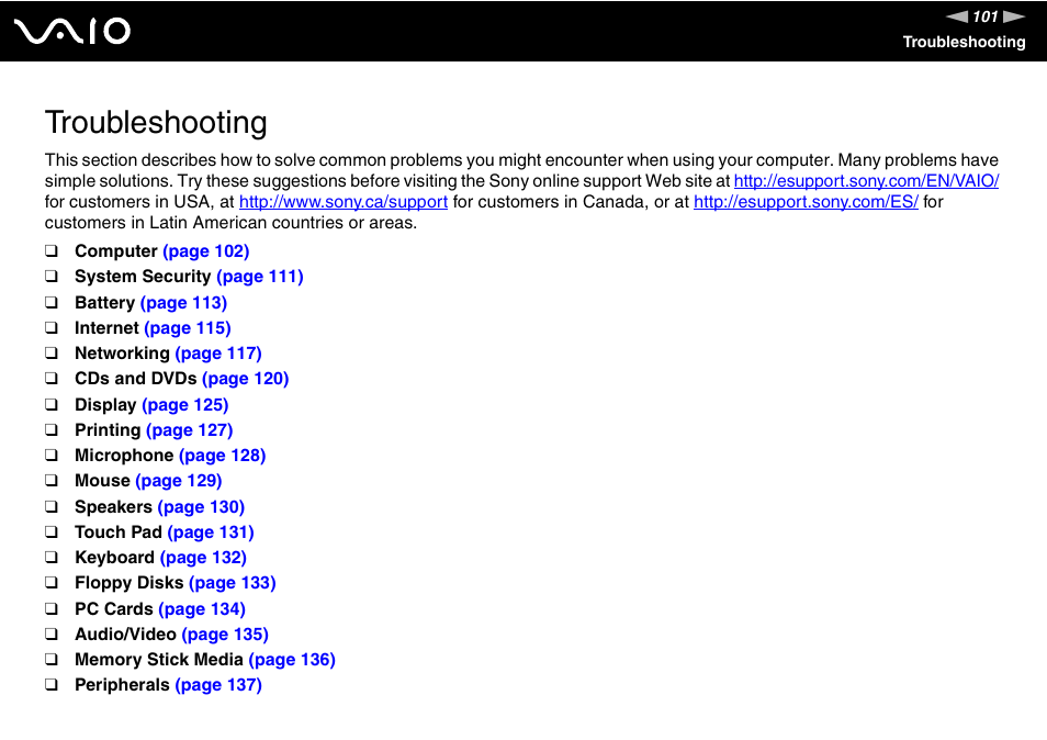 Troubleshooting | Sony VGN-FS980 User Manual | Page 101 / 151