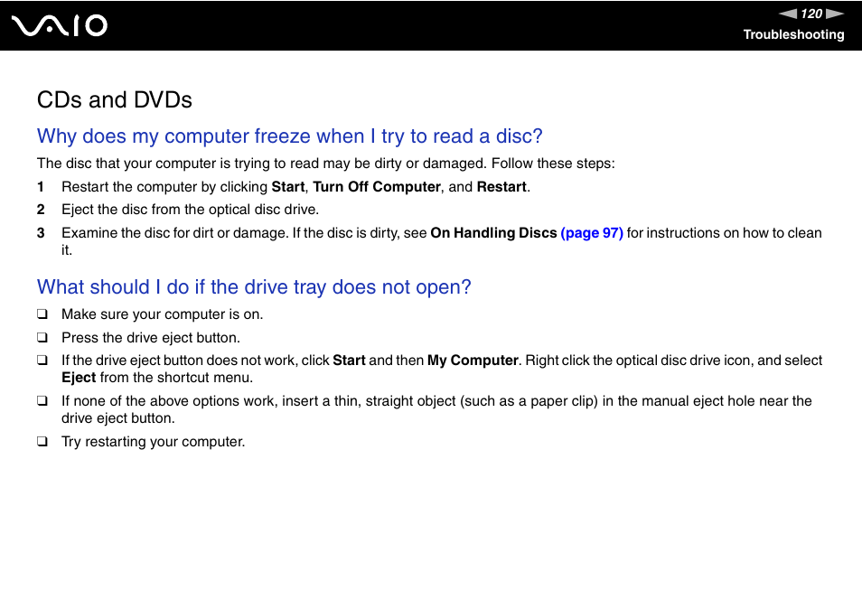 Cds and dvds, What should i do if the drive tray does not open | Sony VGN-FS980 User Manual | Page 120 / 151