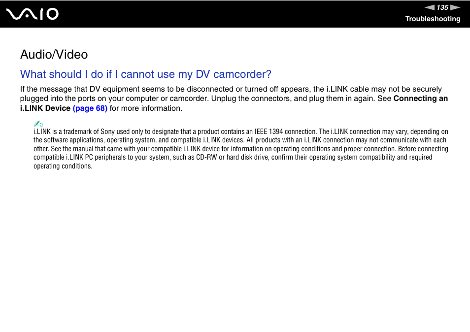 Audio/video, What should i do if i cannot use my dv camcorder | Sony VGN-FS980 User Manual | Page 135 / 151