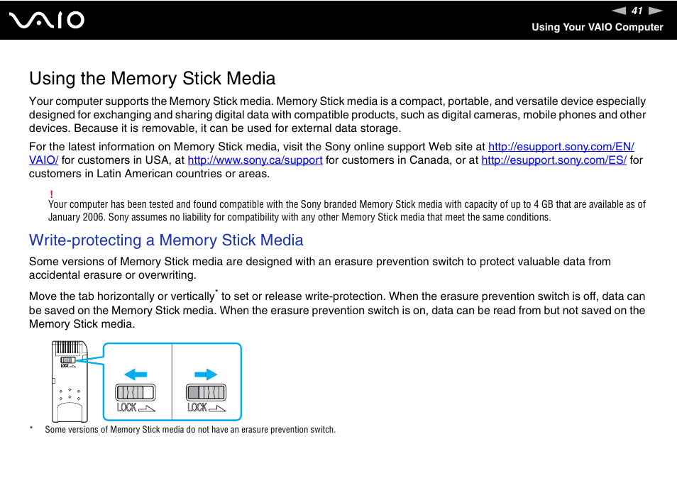 Using the memory stick media | Sony VGN-FS980 User Manual | Page 41 / 151