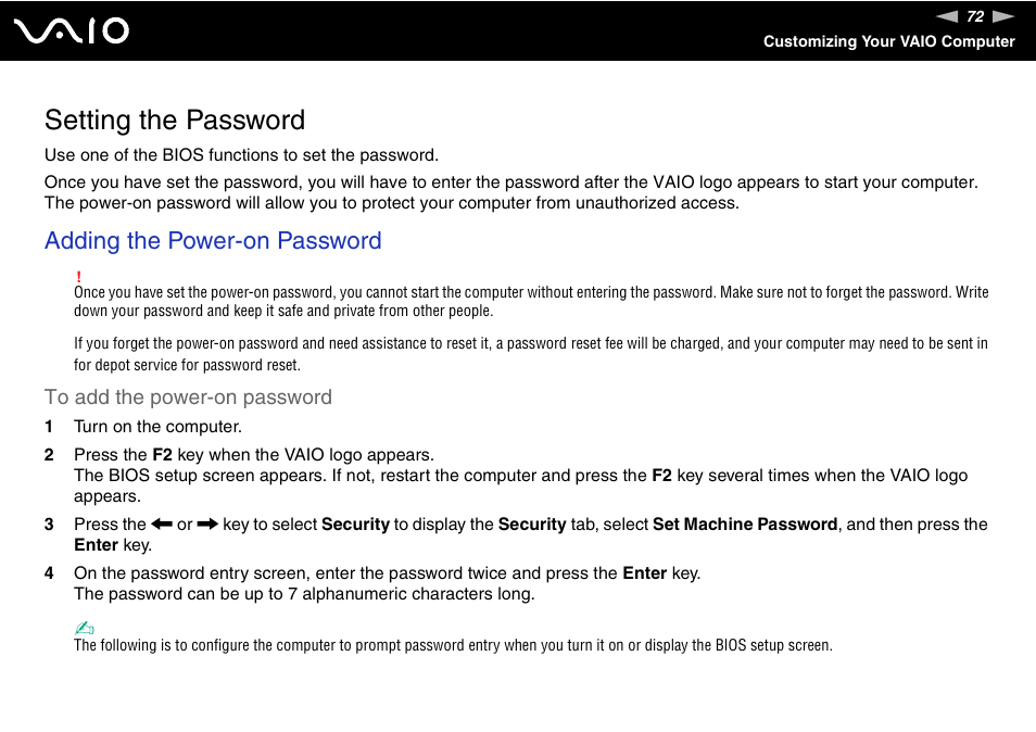 Setting the password, Adding the power-on password | Sony VGN-FS980 User Manual | Page 72 / 151