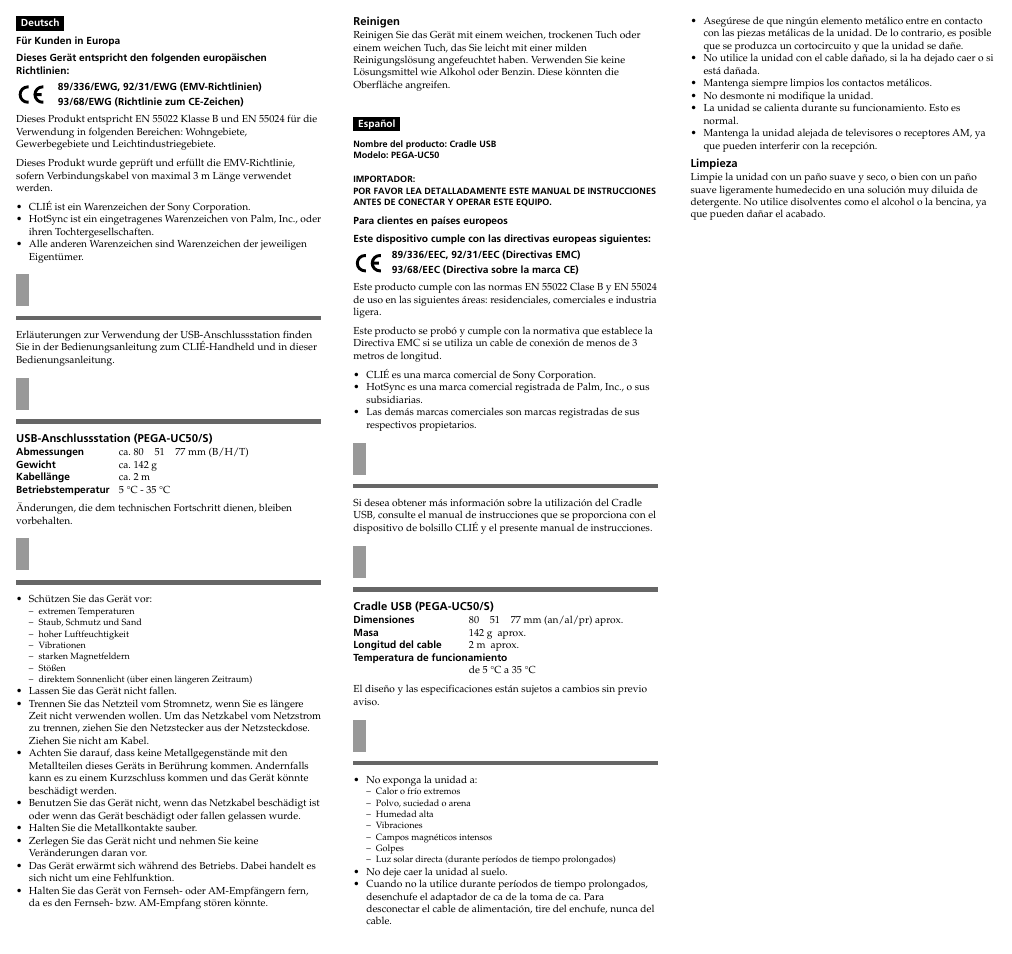 Antes de su utilización, Especificaciones, Notas sobre el uso | Vorbereitungen, Technische daten, Hinweise zur verwendung | Sony PEGA-UC50 User Manual | Page 2 / 2