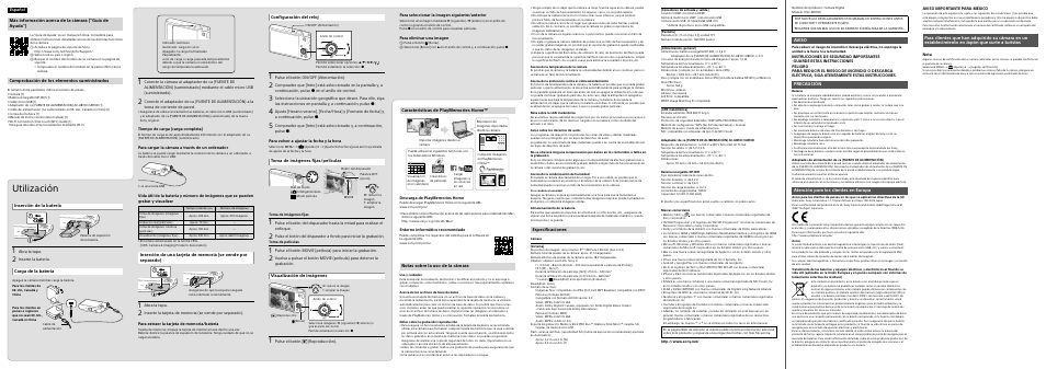 Utilización, Inserción de la batería, Carga de la batería | Configuración del reloj, Toma de imágenes fijas/películas, Visualización de imágenes, Notas sobre la uso de la cámara, Especificaciones, Aviso, Precaución | Sony DSC-WX350 User Manual | Page 2 / 2