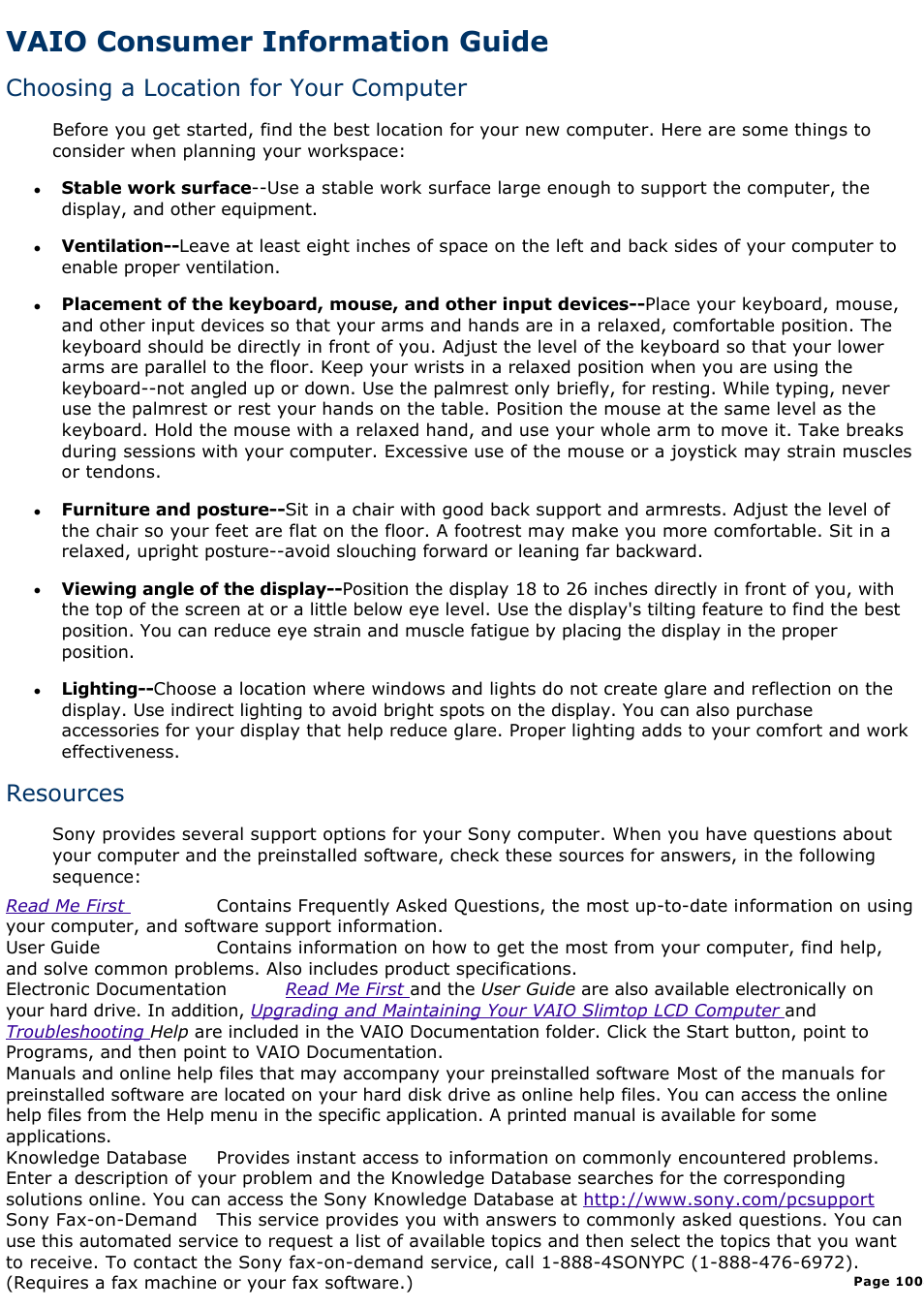 On handling an lcd display, Vaio consumer information guide, Choosing a location for your computer | Resources | Sony PCV-L400 User Manual | Page 1008 / 1049