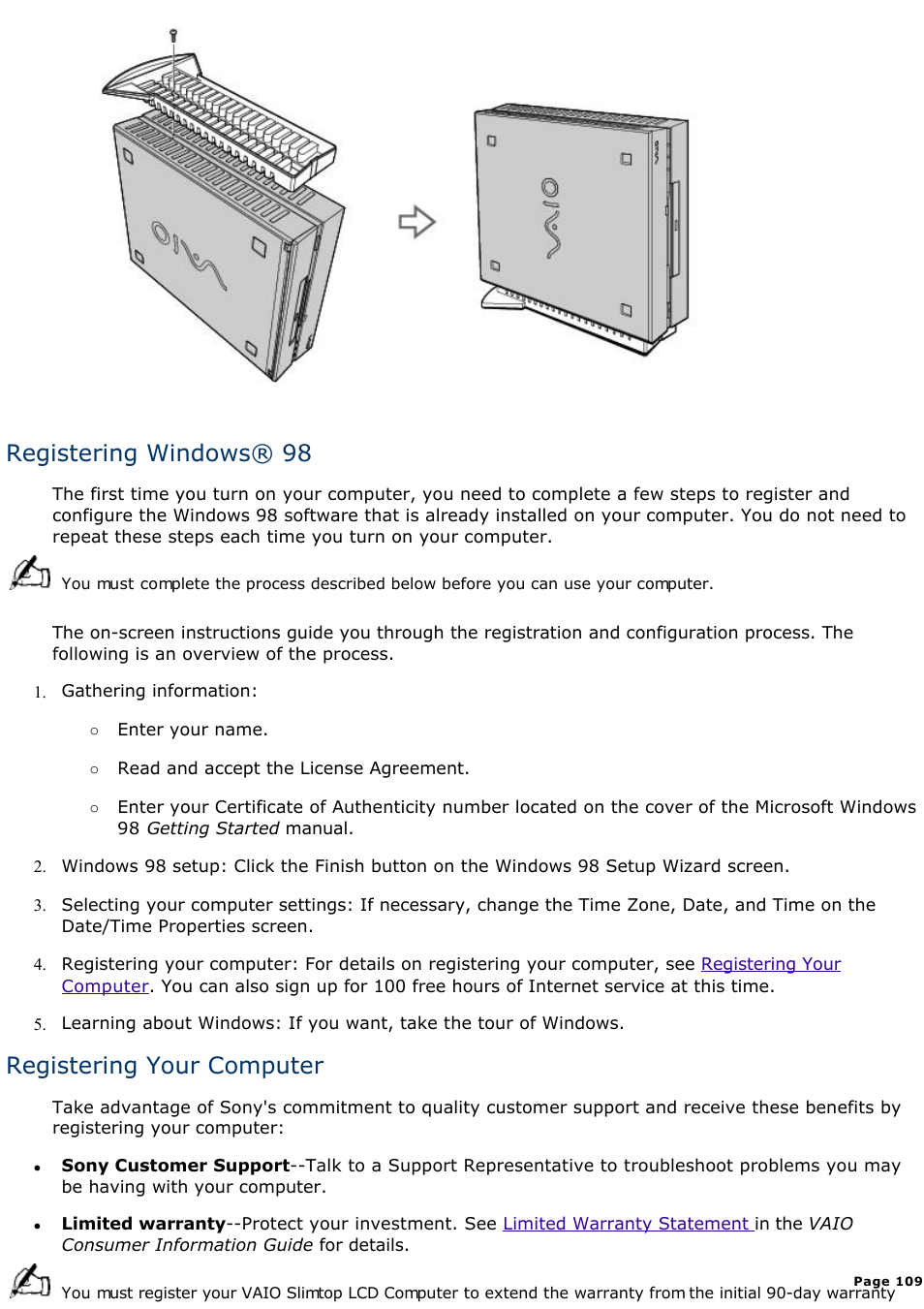 Registering windows® 98, Registering your computer | Sony PCV-L400 User Manual | Page 109 / 1049