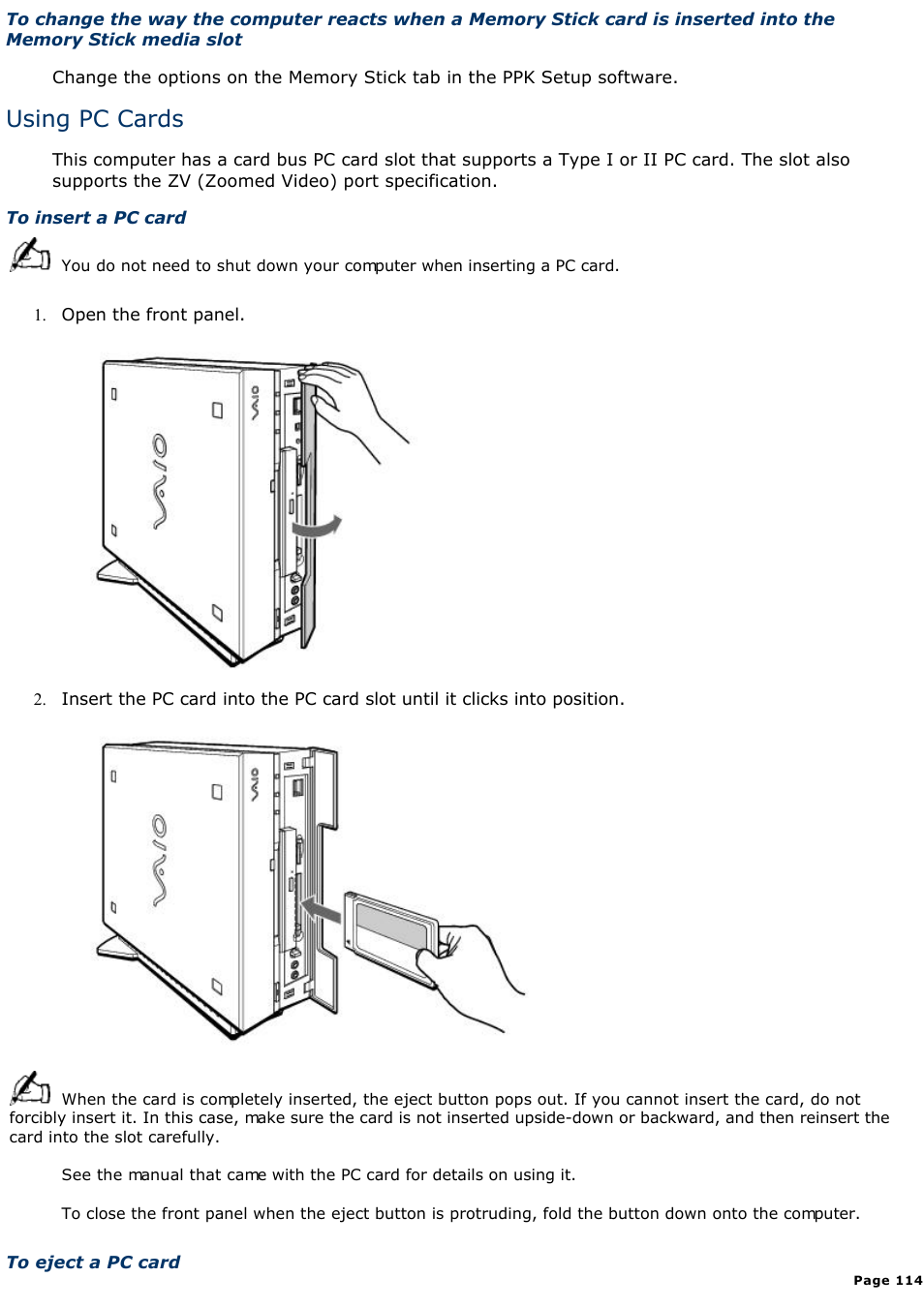 Using pc cards | Sony PCV-L400 User Manual | Page 114 / 1049