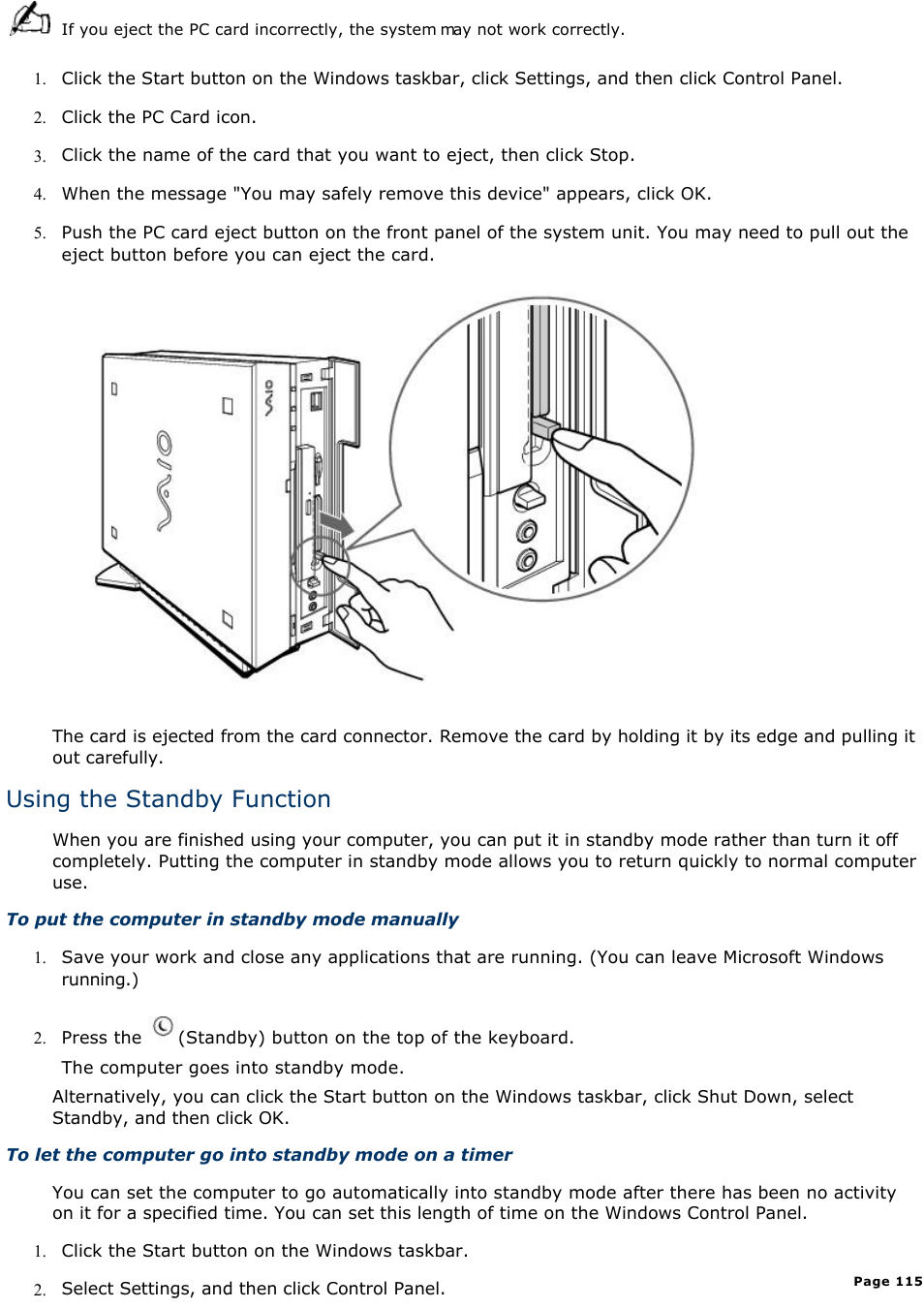 Using the standby function | Sony PCV-L400 User Manual | Page 115 / 1049