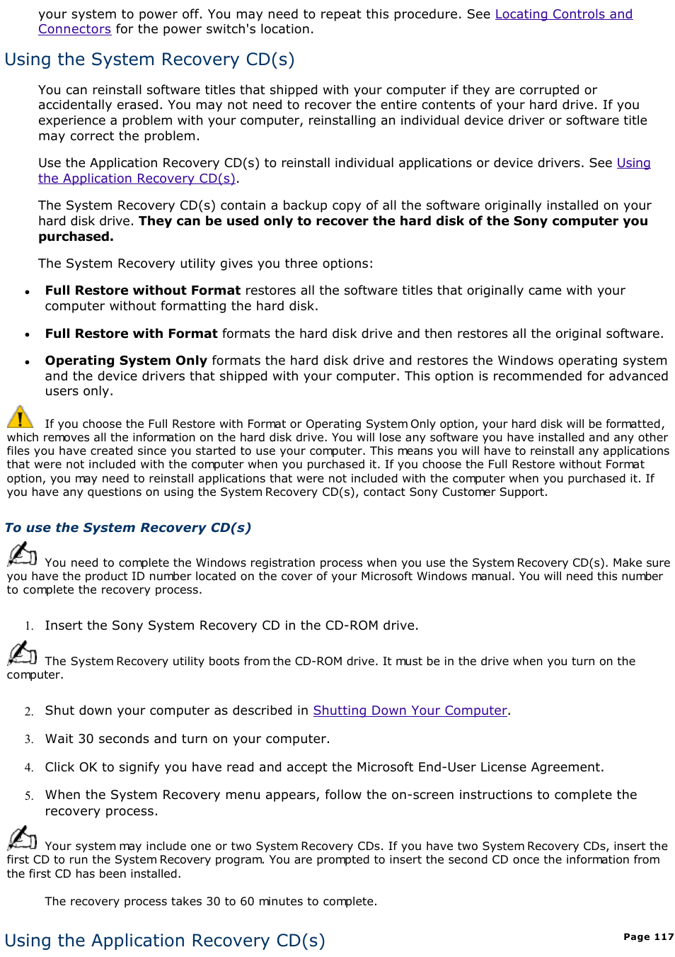 Using the system recovery cd(s), Using the application recovery cd(s) | Sony PCV-L400 User Manual | Page 117 / 1049