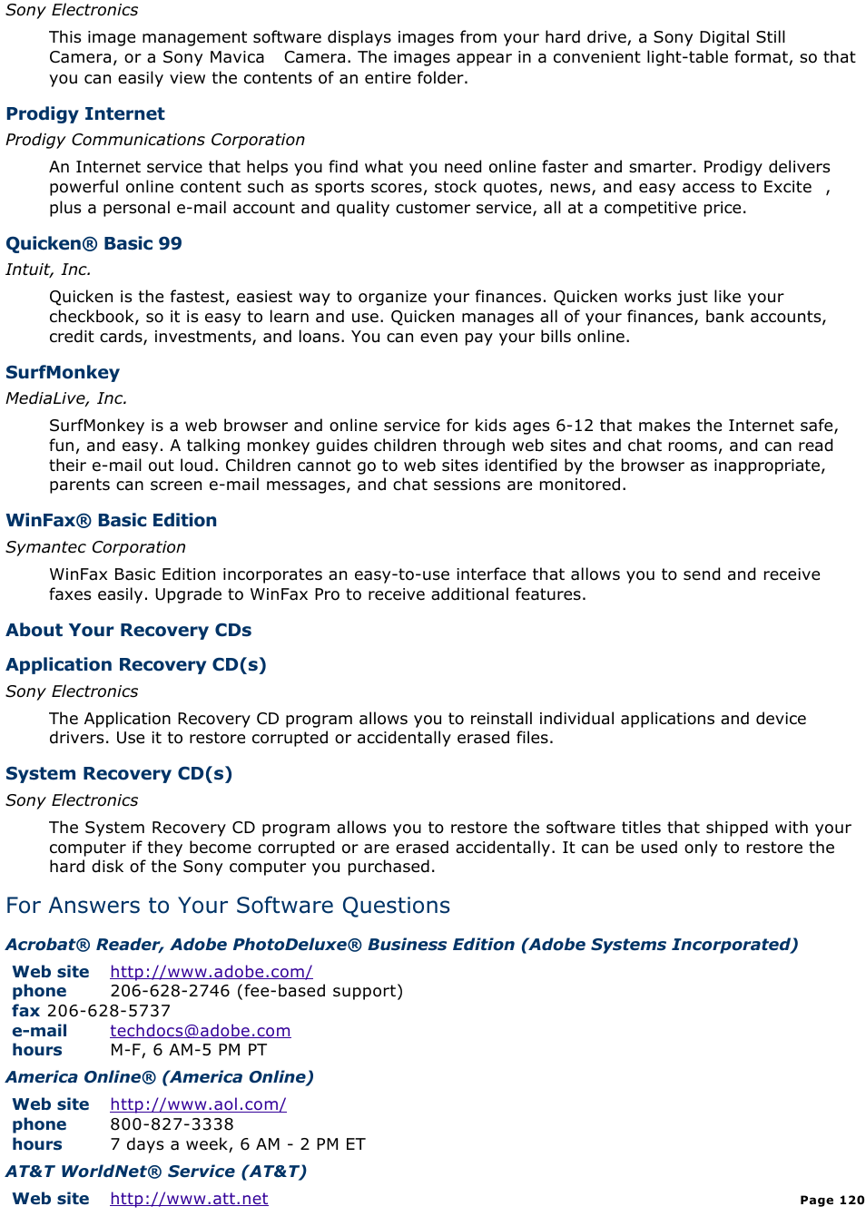 For answers to your software questions | Sony PCV-L400 User Manual | Page 120 / 1049