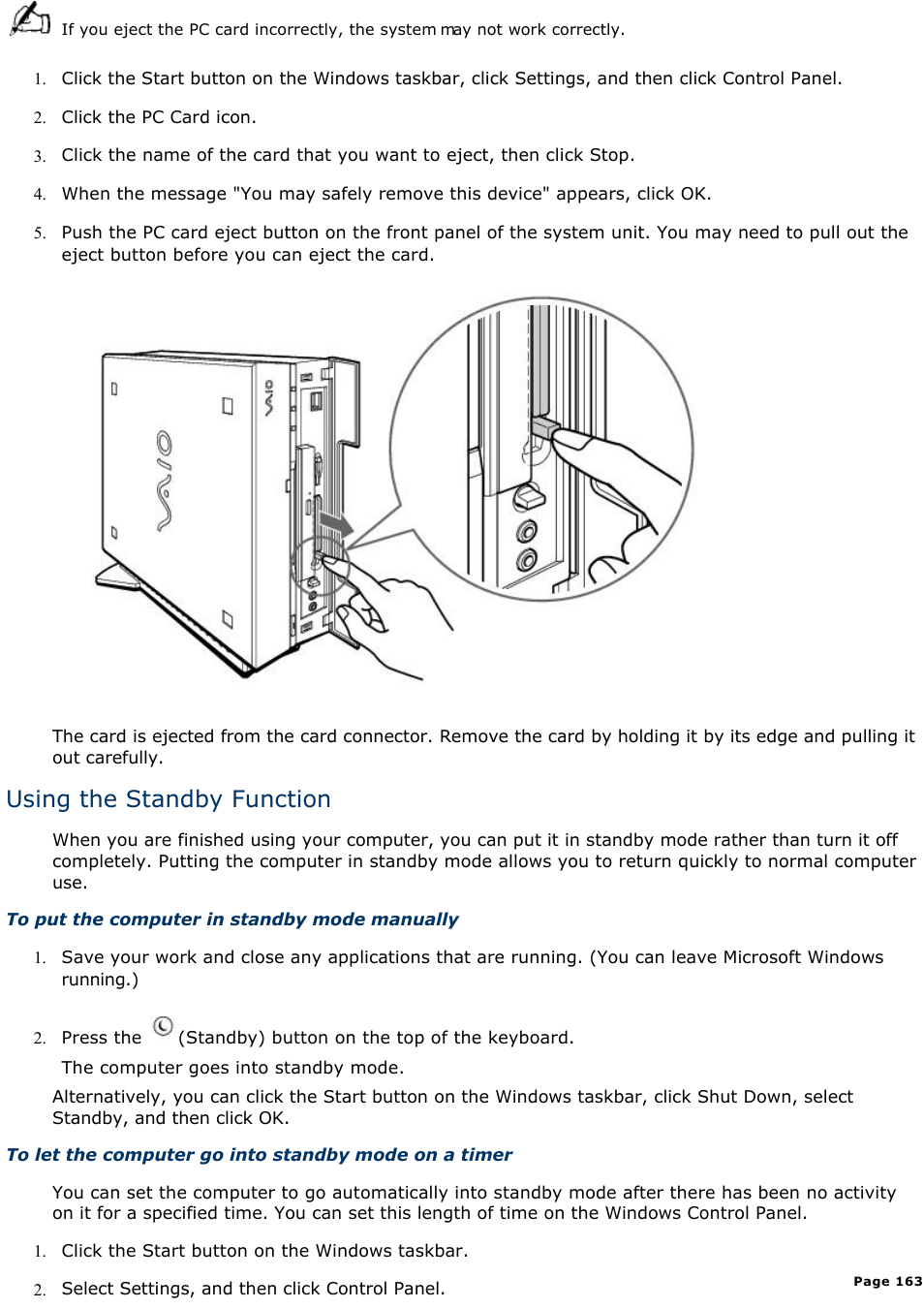 Using the standby function | Sony PCV-L400 User Manual | Page 163 / 1049