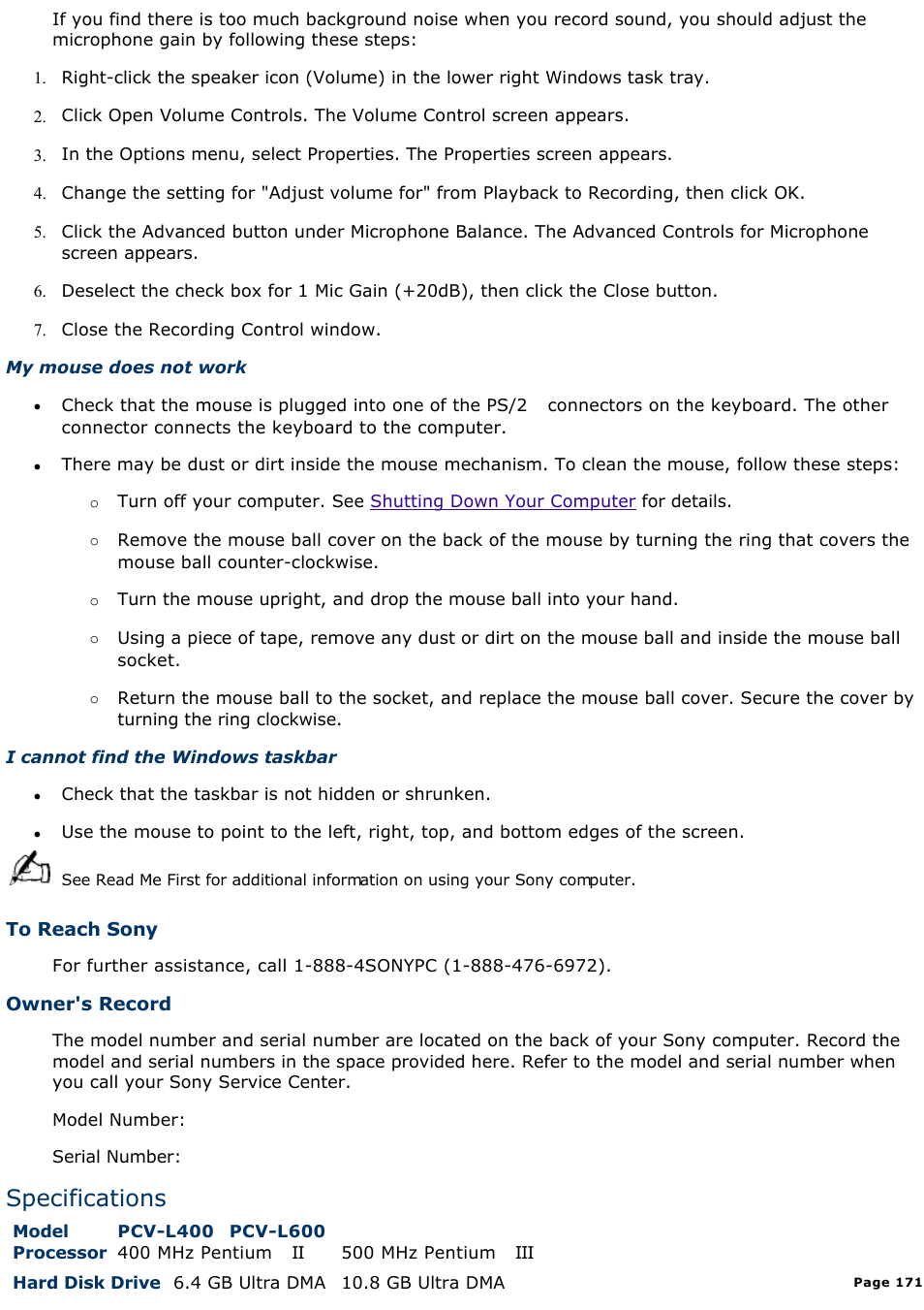 Specifications | Sony PCV-L400 User Manual | Page 171 / 1049