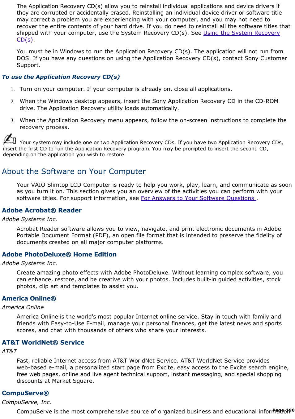 About the software on your computer | Sony PCV-L400 User Manual | Page 190 / 1049