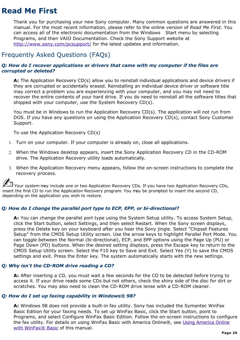 Restoring outlook® 98, Read me first, Frequently asked questions (faqs) | Sony PCV-L400 User Manual | Page 26 / 1049