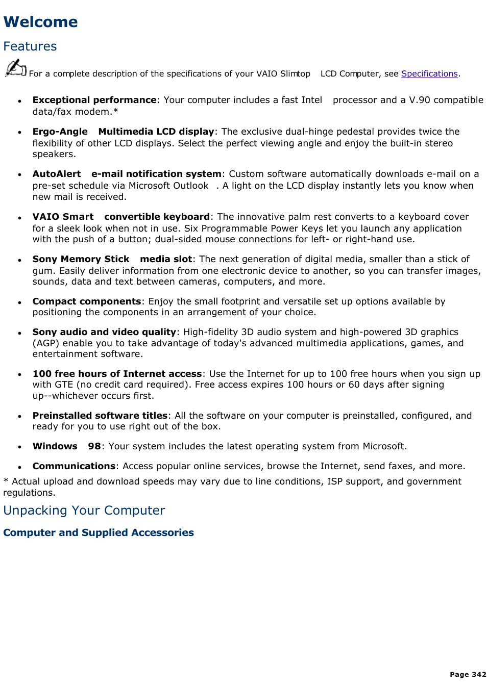 Welcome, Features, Unpacking your computer | Sony PCV-L400 User Manual | Page 342 / 1049