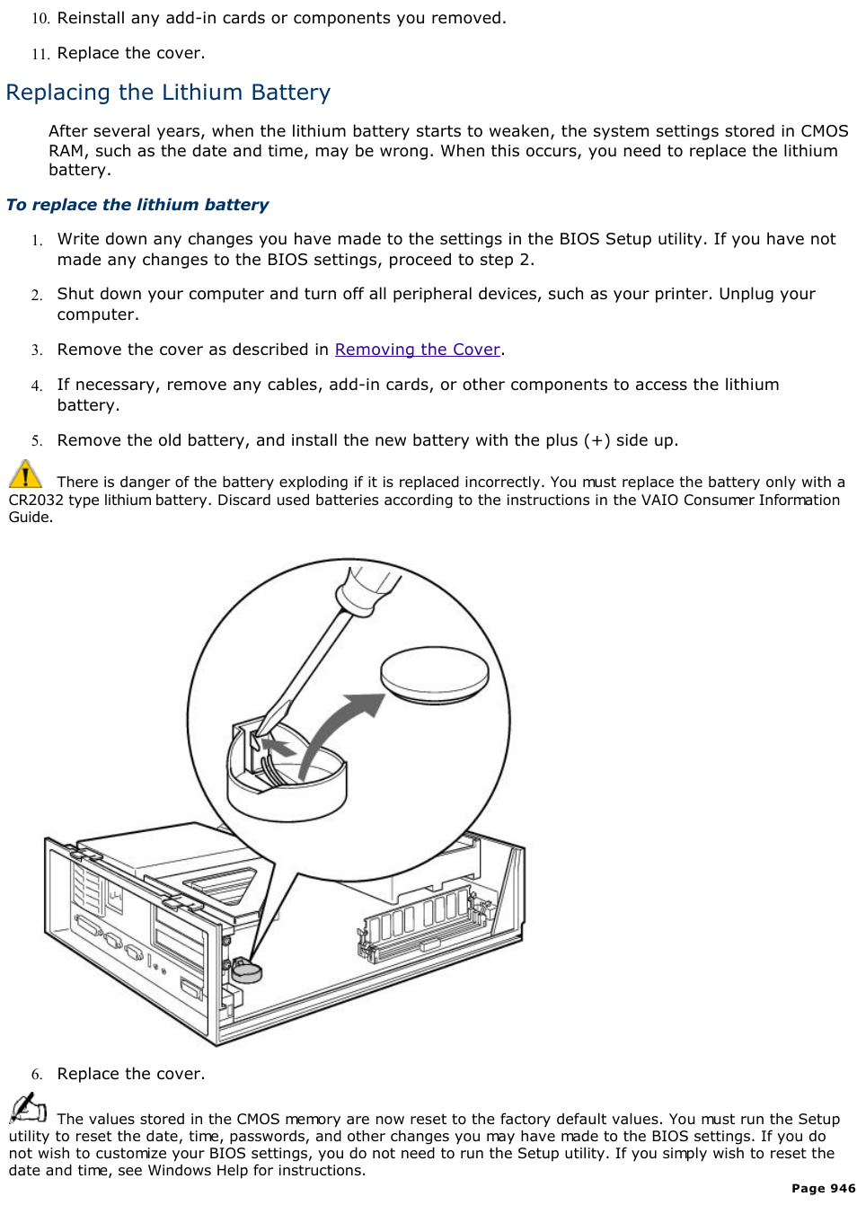 Replacing the lithium battery | Sony PCV-L400 User Manual | Page 946 / 1049