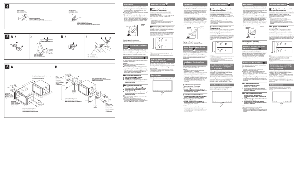 Précautions, Raccordement du cordon du frein à main, Installation du microphone | Mounting the unit, Warning if your car’s ignition has no acc position, Reset button, Precautions, Connecting the parking brake lead, Installing the microphone, Precauciones | Sony XAV-72BT User Manual | Page 2 / 2