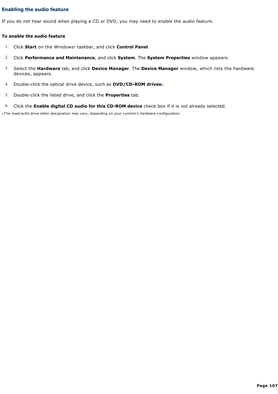 Enabling the audio feature | Sony PCG-TR1A User Manual | Page 107 / 196