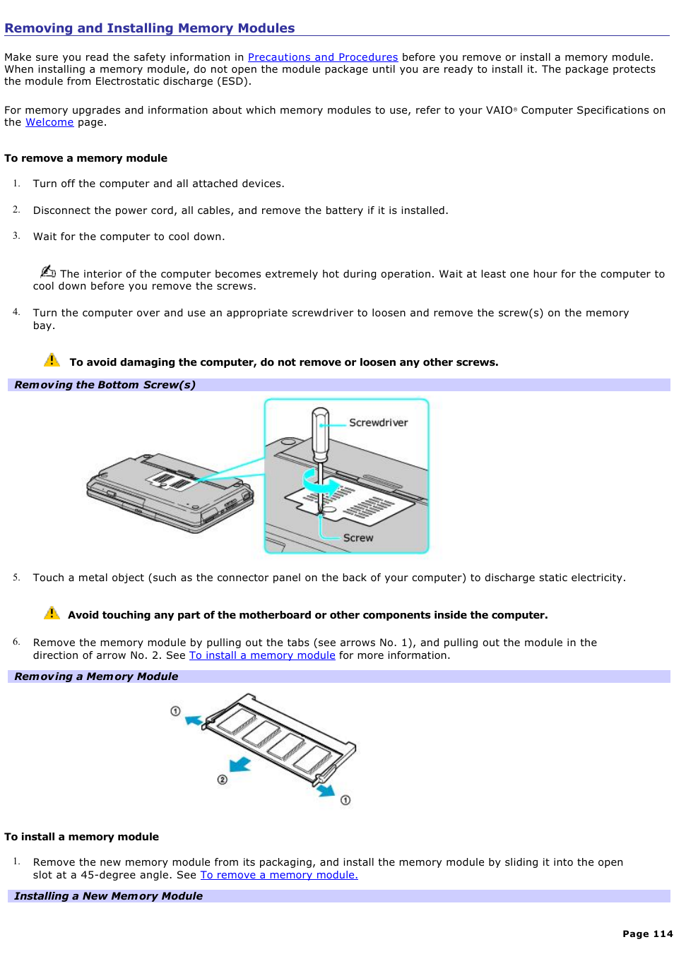 Removing and installing memory modules | Sony PCG-TR1A User Manual | Page 114 / 196