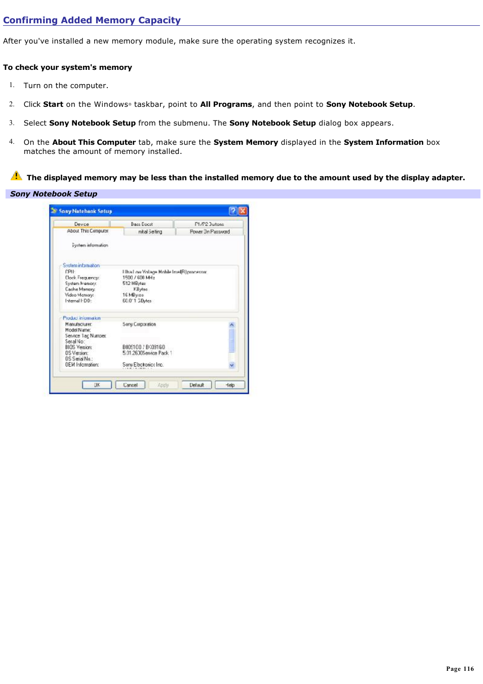 Confirming added memory capacity | Sony PCG-TR1A User Manual | Page 116 / 196