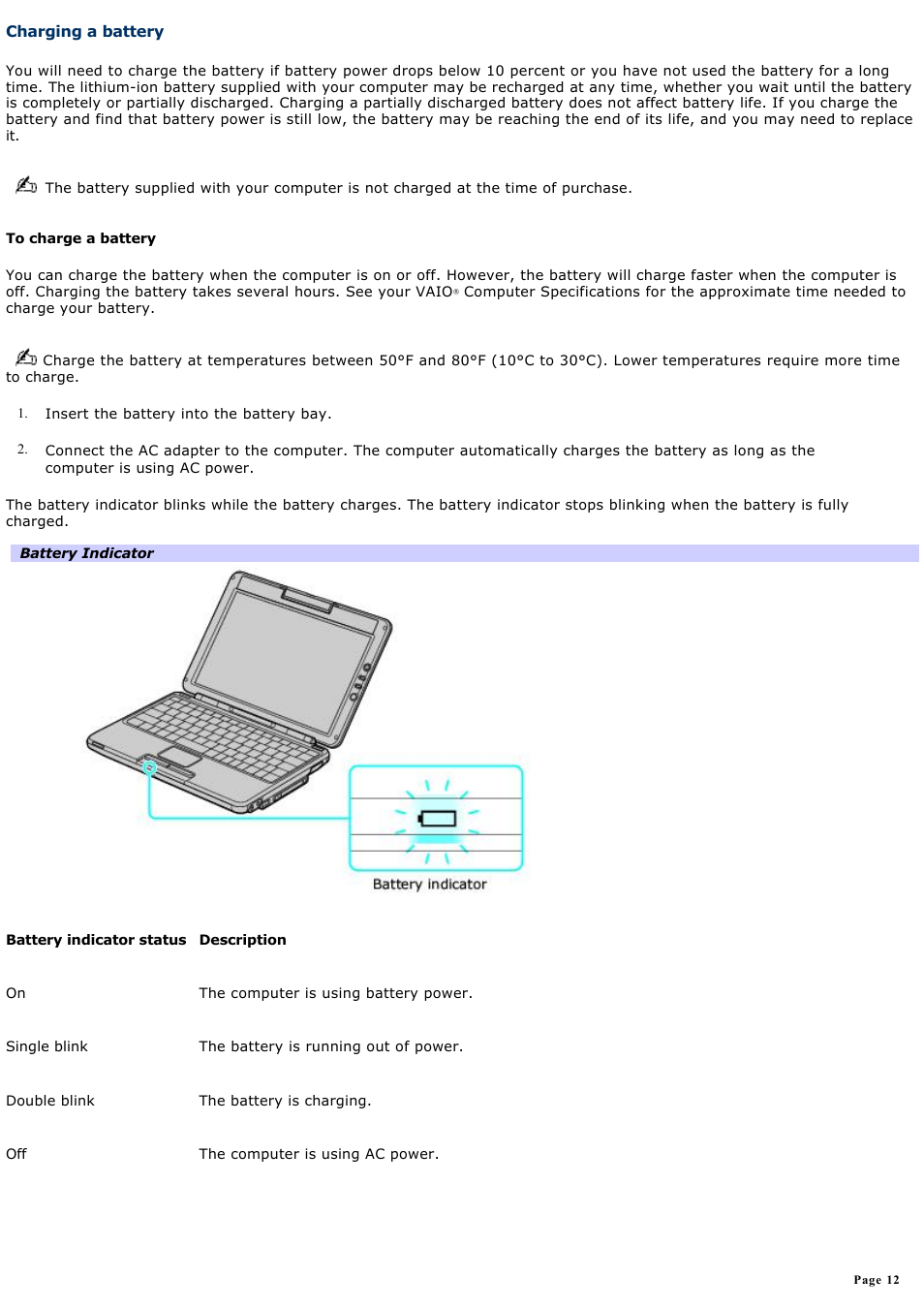 Charging a battery | Sony PCG-TR1A User Manual | Page 12 / 196