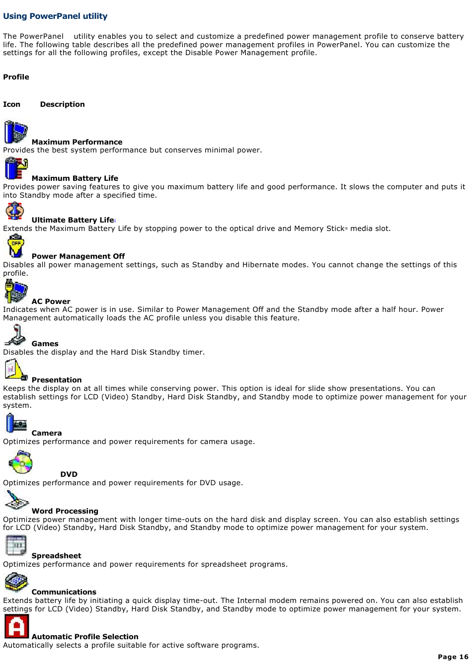 Using powerpanel utility | Sony PCG-TR1A User Manual | Page 16 / 196