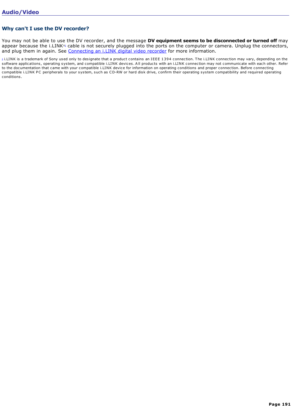 Why can't i use the dv recorder, Audio/video | Sony PCG-TR1A User Manual | Page 191 / 196