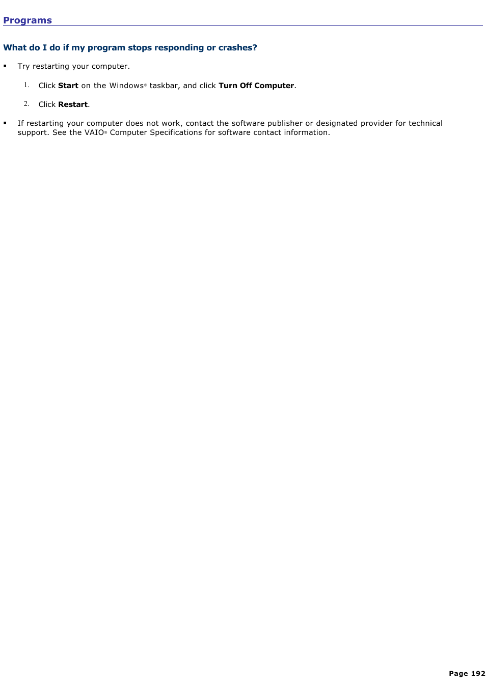 Programs | Sony PCG-TR1A User Manual | Page 192 / 196