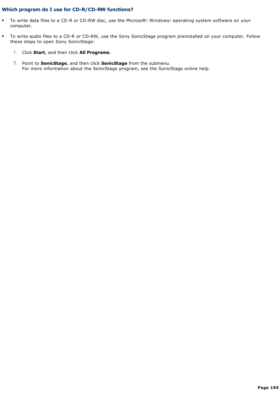 Which program do i use for cd-r/cd-rw functions | Sony PCG-TR1A User Manual | Page 195 / 196