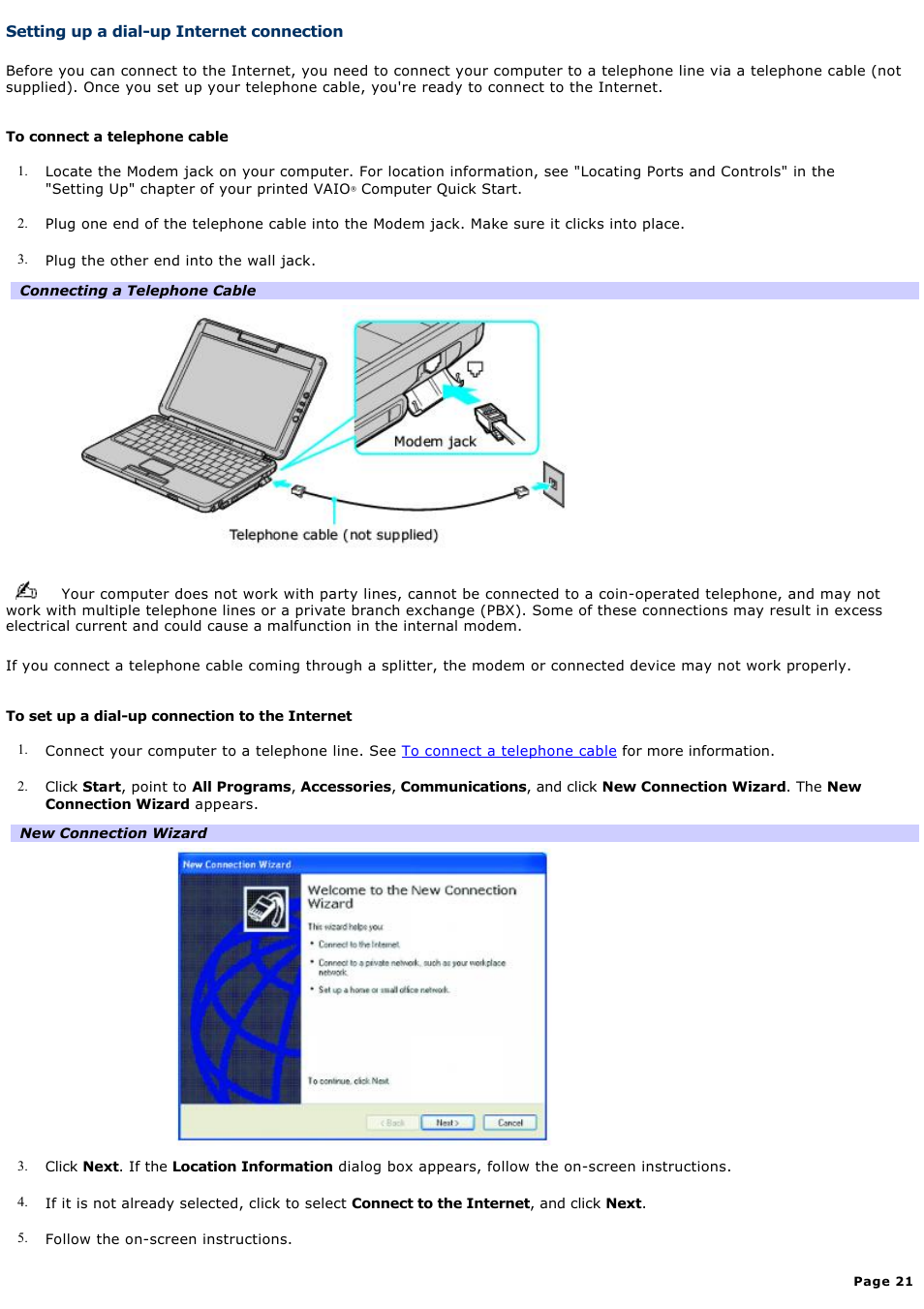Setting up a dial-up internet connection | Sony PCG-TR1A User Manual | Page 21 / 196