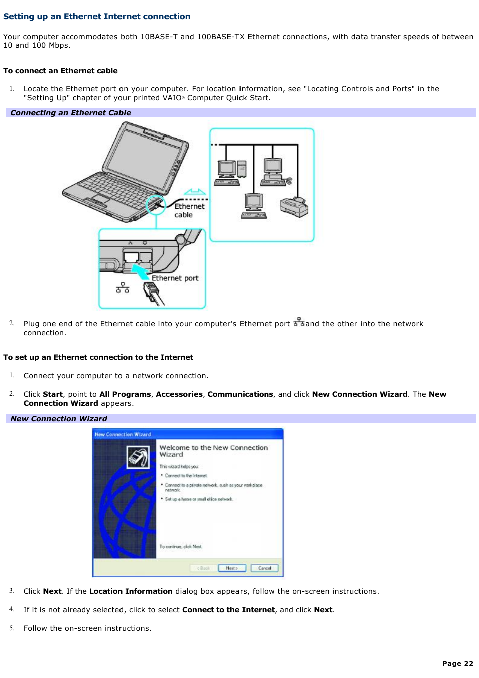 Setting up an ethernet internet connection | Sony PCG-TR1A User Manual | Page 22 / 196