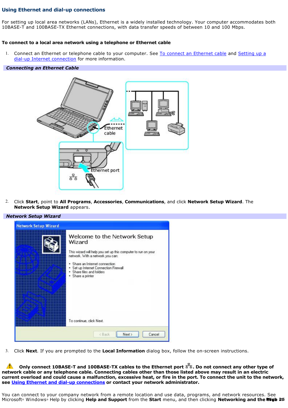 Using ethernet and dial-up connections | Sony PCG-TR1A User Manual | Page 25 / 196